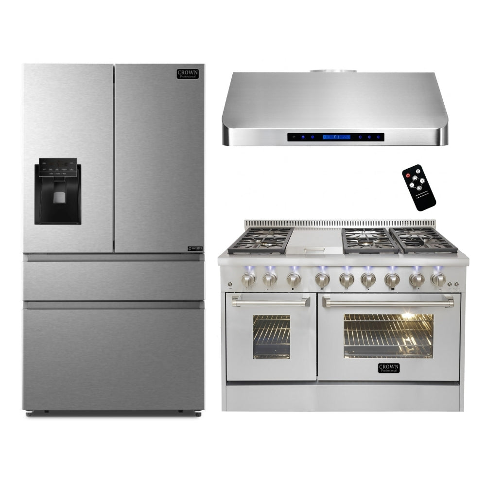 3-PC Bundle Set: Crown 42" Under Cabinet Range Hood + 48" Dual Fuel Gas Range + 36" Refrigerator