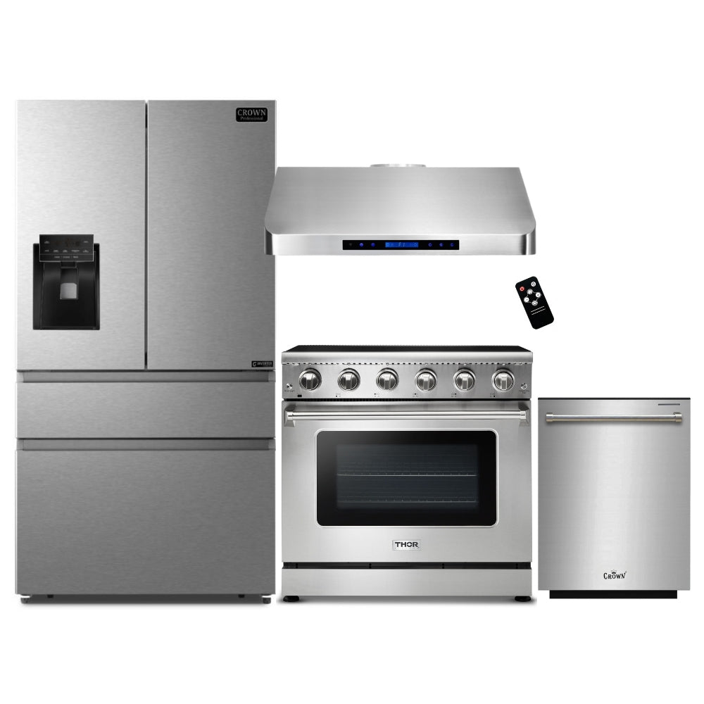 4-PC Bundle Set: Thor Kitchen 36" Electric Range + Crown 36" Under Cabinet Range Hood + 36" Refrigerator + 24" Dishwasher