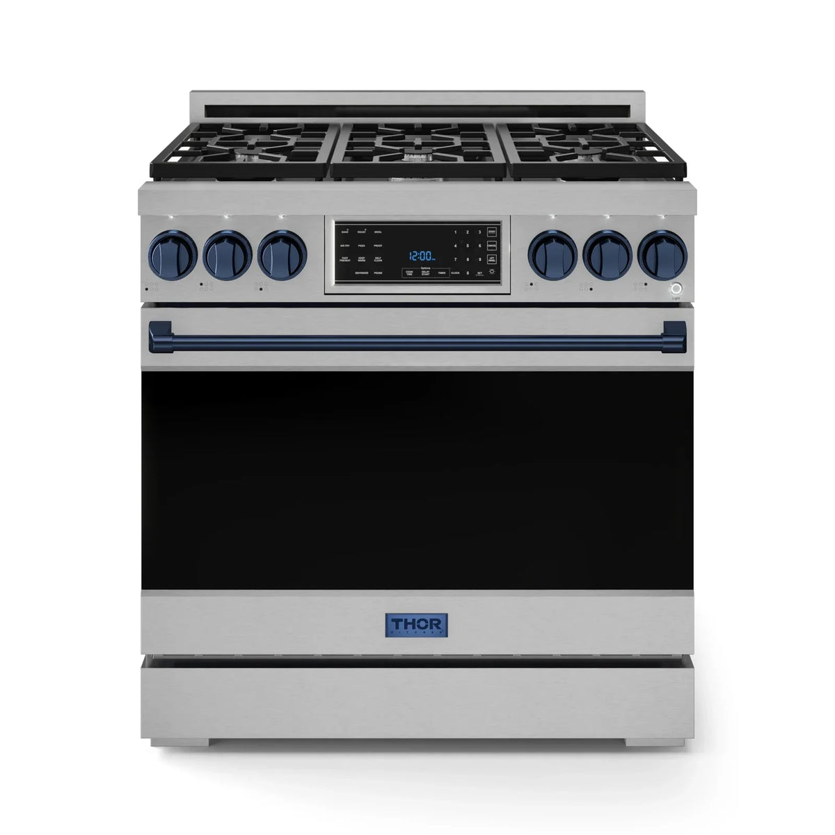 Thor Kitchen Gordon Ramsay Series 36-Inch Professional Liquid Propane/Gas Range with Tilt Panel Touch Control in Stainless Steel with Navy Blue Trim RSG36-BLU/RSG36LP-BLU - Gas Range - Thor Kitchen