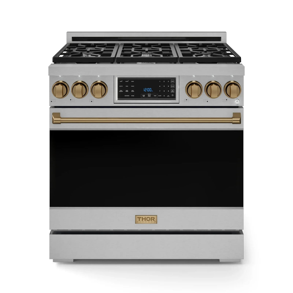 Thor Kitchen Gordon Ramsay Series 36-Inch Professional Liquid Propane/Gas Range with Tilt Panel Touch Control in Stainless Steel with Bronze Trim RSG36-BRZ/RSG36LP-BRZ - Gas Range - Thor Kitchen