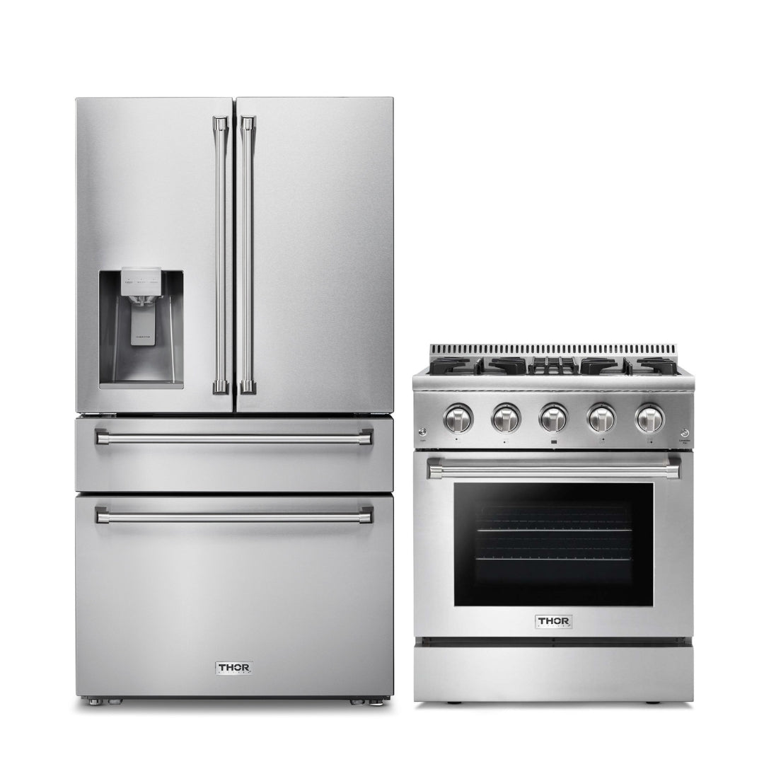 2-PC Thor Kitchen Bundle Set: 36" French Door Refrigerator + 30" Dual Fuel Gas Range - - Thor Kitchen