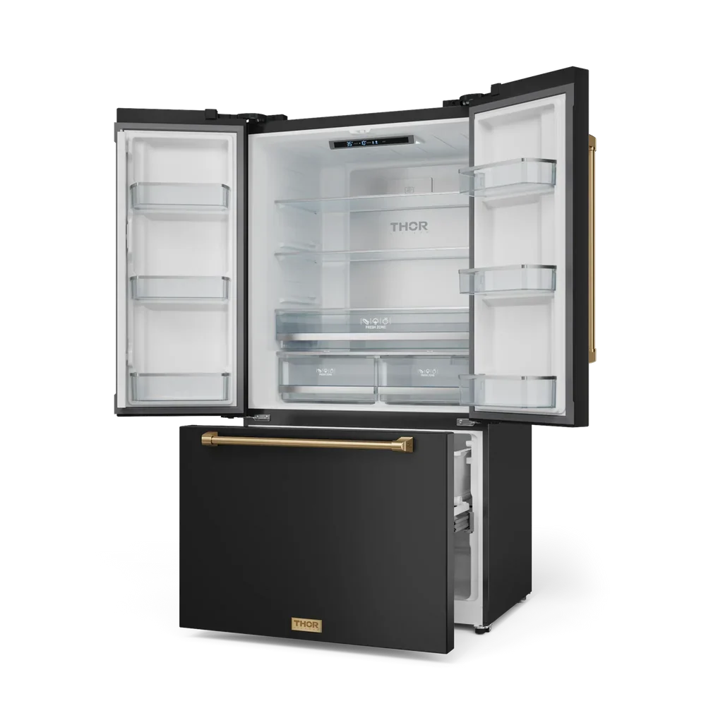 Thor Kitchen 36-Inch 20.3 cu ft French Door Counter Depth Refrigerator with Ice Maker in Black with Bronze Trim - RF3621CTD00-BRZ -  Refrigerators - Thor Kitchen
