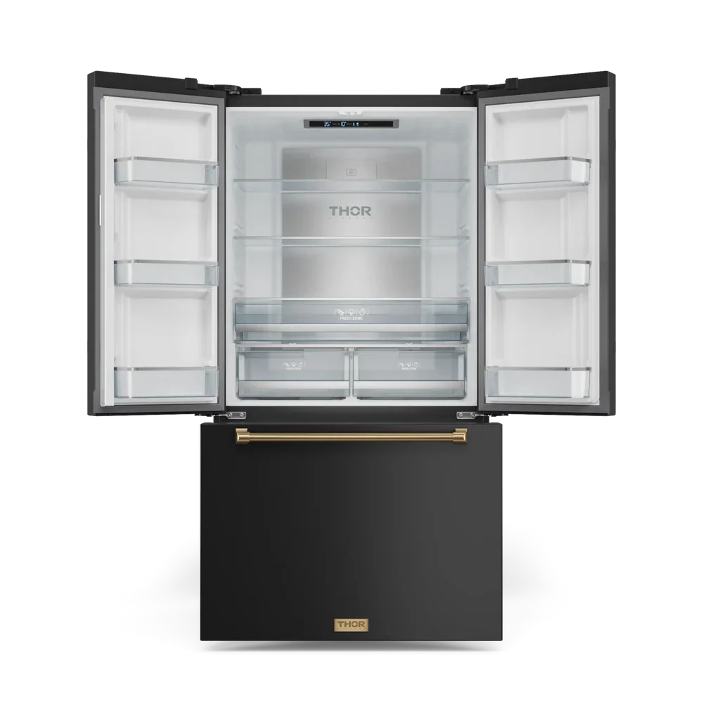 Thor Kitchen 36-Inch 20.3 cu ft French Door Counter Depth Refrigerator with Ice Maker in Black with Bronze Trim - RF3621CTD00-BRZ -  Refrigerators - Thor Kitchen