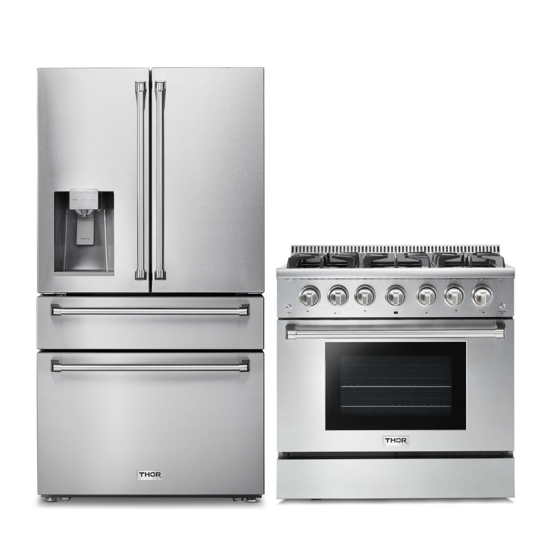2-PC Thor Kitchen Bundle Set: 36" French Door Refrigerator + 36" Gas Range -   - Thor Kitchen