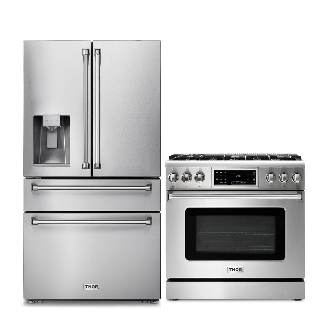 2-PC Thor Kitchen Bundle Set: 36" French Door Refrigerator + 36" Tilt Panel Gas Range -   - Thor Kitchen