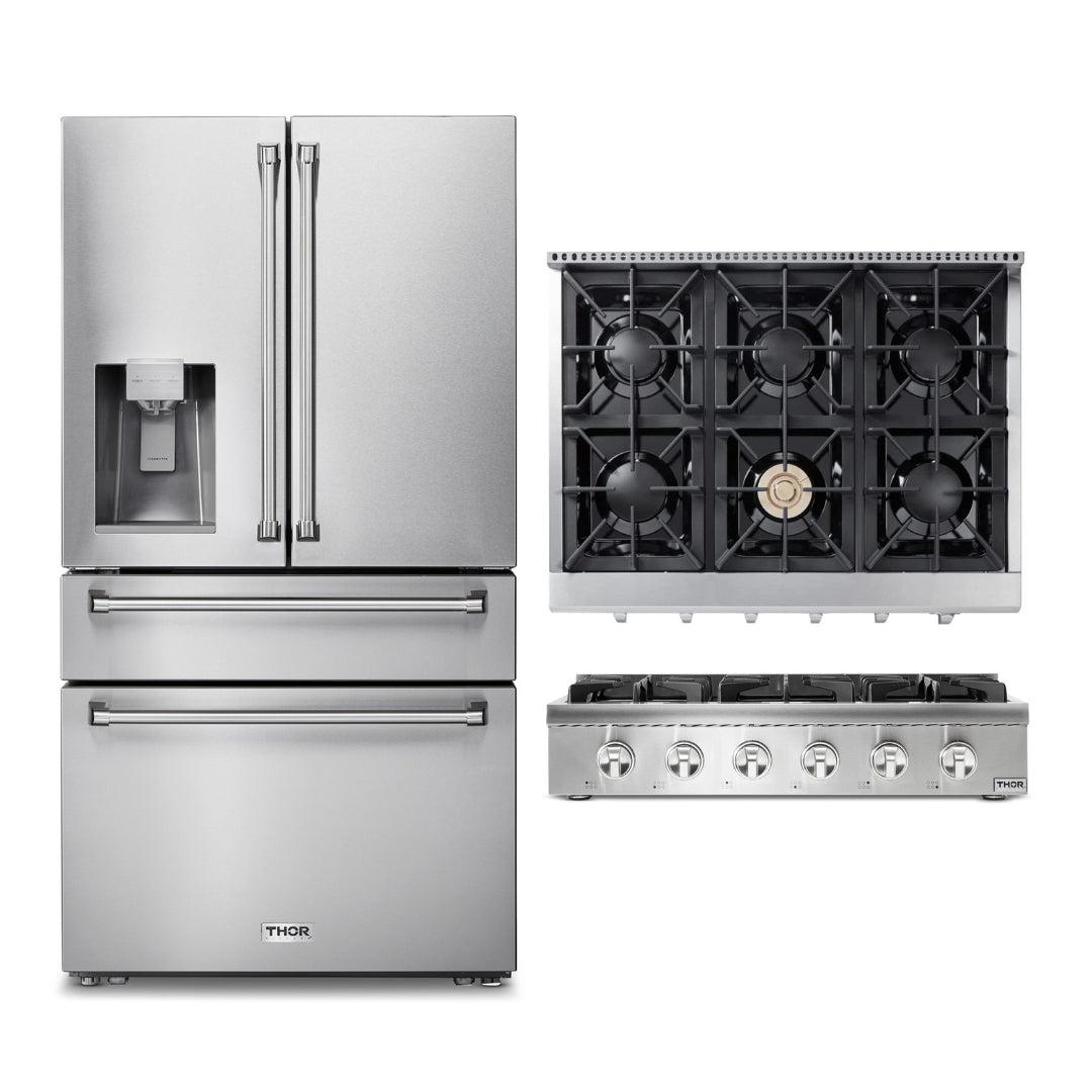 2-PC Thor Kitchen Bundle Set: 36" French Door Refrigerator + 36" Gas Range Top -   - Thor Kitchen