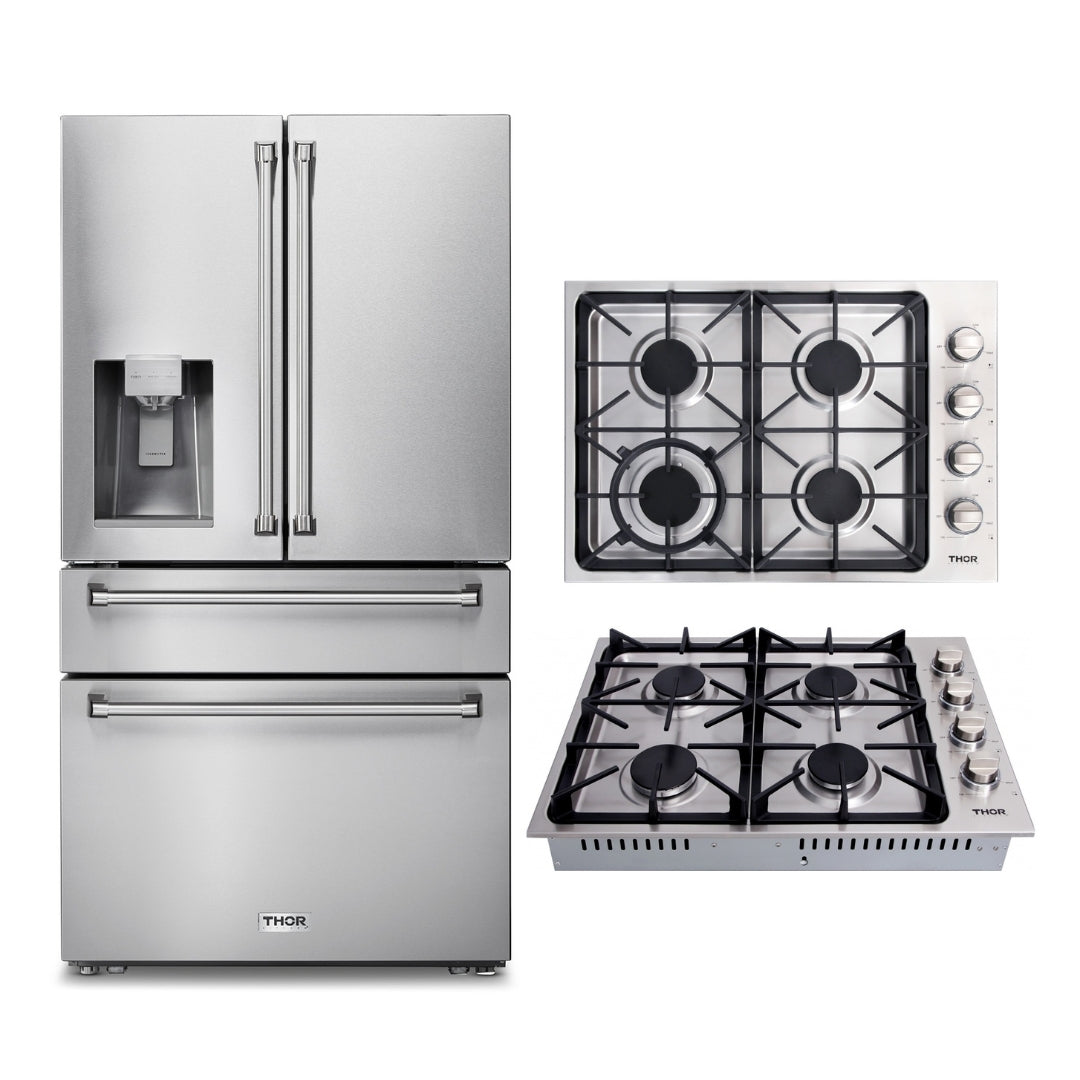 2-PC Thor Kitchen Bundle Set: 36" French Door Refrigerator + 30" Drop-in Gas Cooktop -   - Thor Kitchen