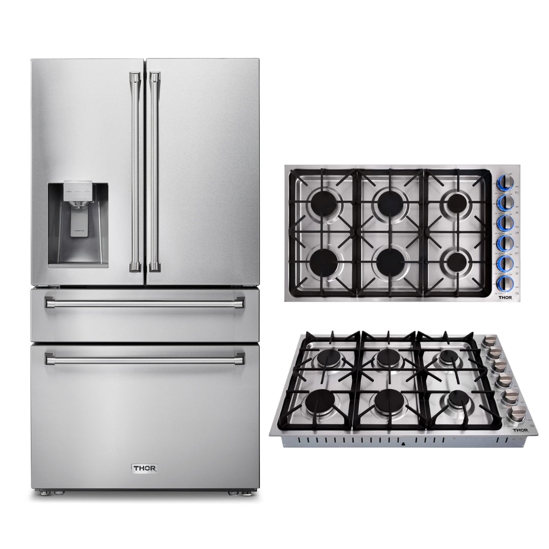 2-PC Thor Kitchen Bundle Set: 36" French Door Refrigerator + 36" Drop-in Gas Cooktop -   - Thor Kitchen
